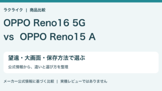OPPO Reno16 5GとReno15 Aの違い比較。望遠・大画面・保存方法で選ぶ。ラクライク
