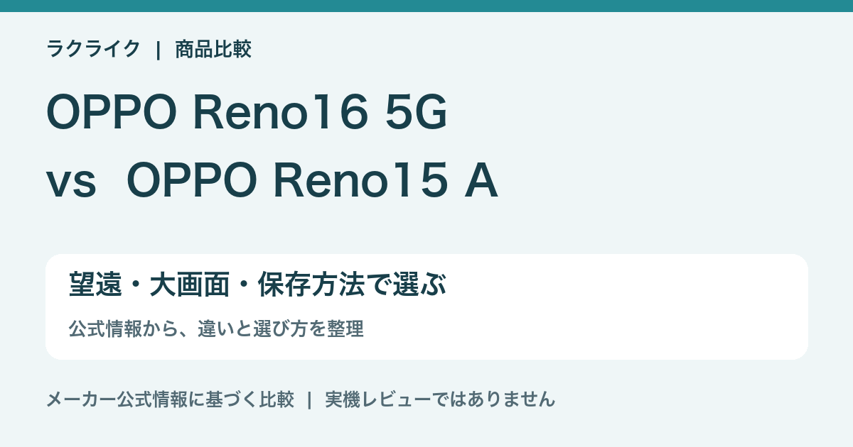 OPPO Reno16 5GとReno15 Aの違い比較。望遠・大画面・保存方法で選ぶ。ラクライク