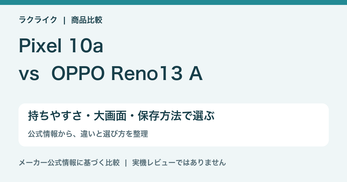 Pixel 10aとOPPO Reno13 Aの違い比較。持ちやすさ・大画面・保存方法で選ぶ。ラクライク